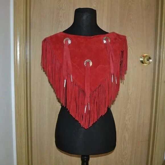 Vintage Pioneer Wear Red Genuine Leather Fringe Bib Shawl Made in USA Cowboy - Picture 11 of 11